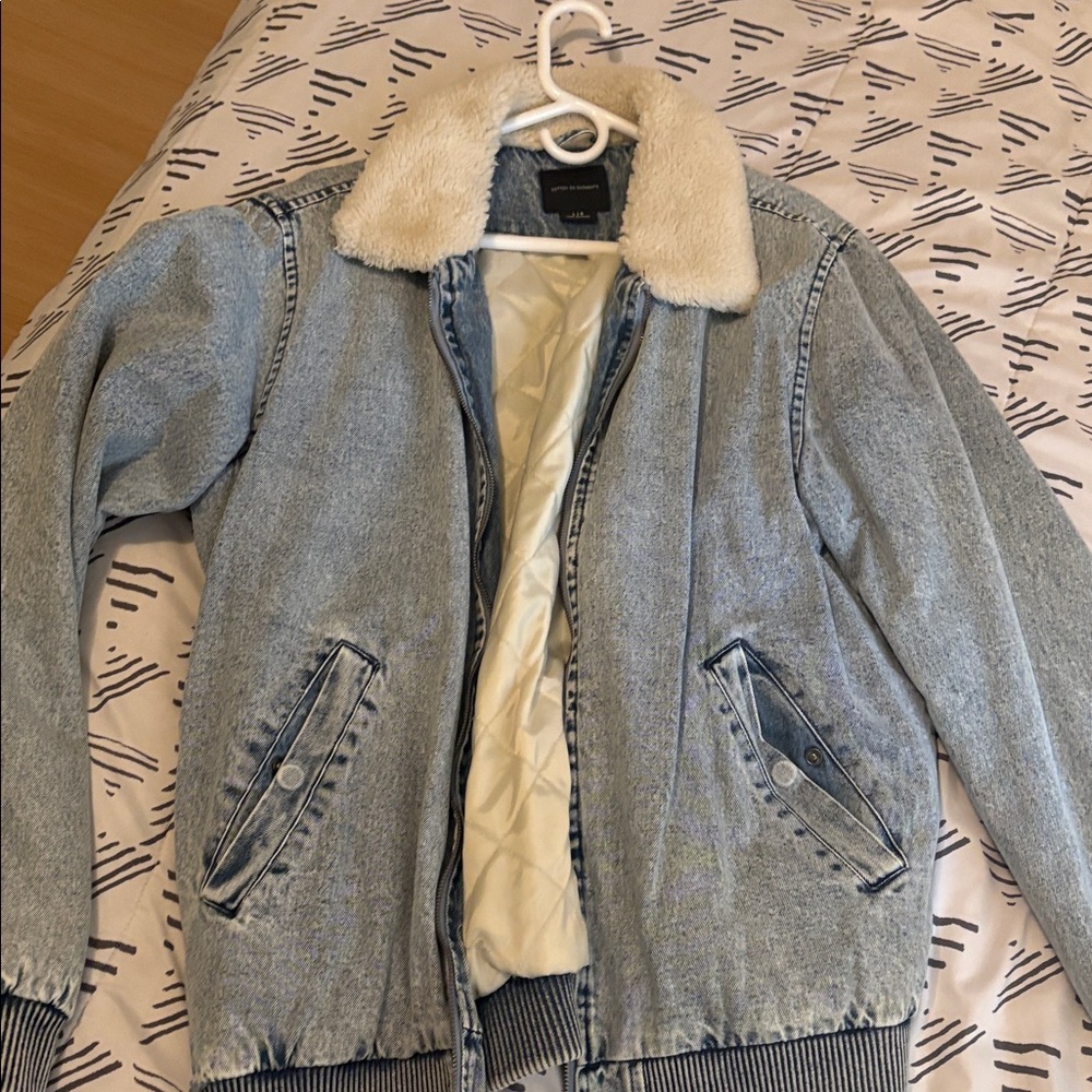 Cotton On Blue Denim Jacket with Cream Faux Fur Collar